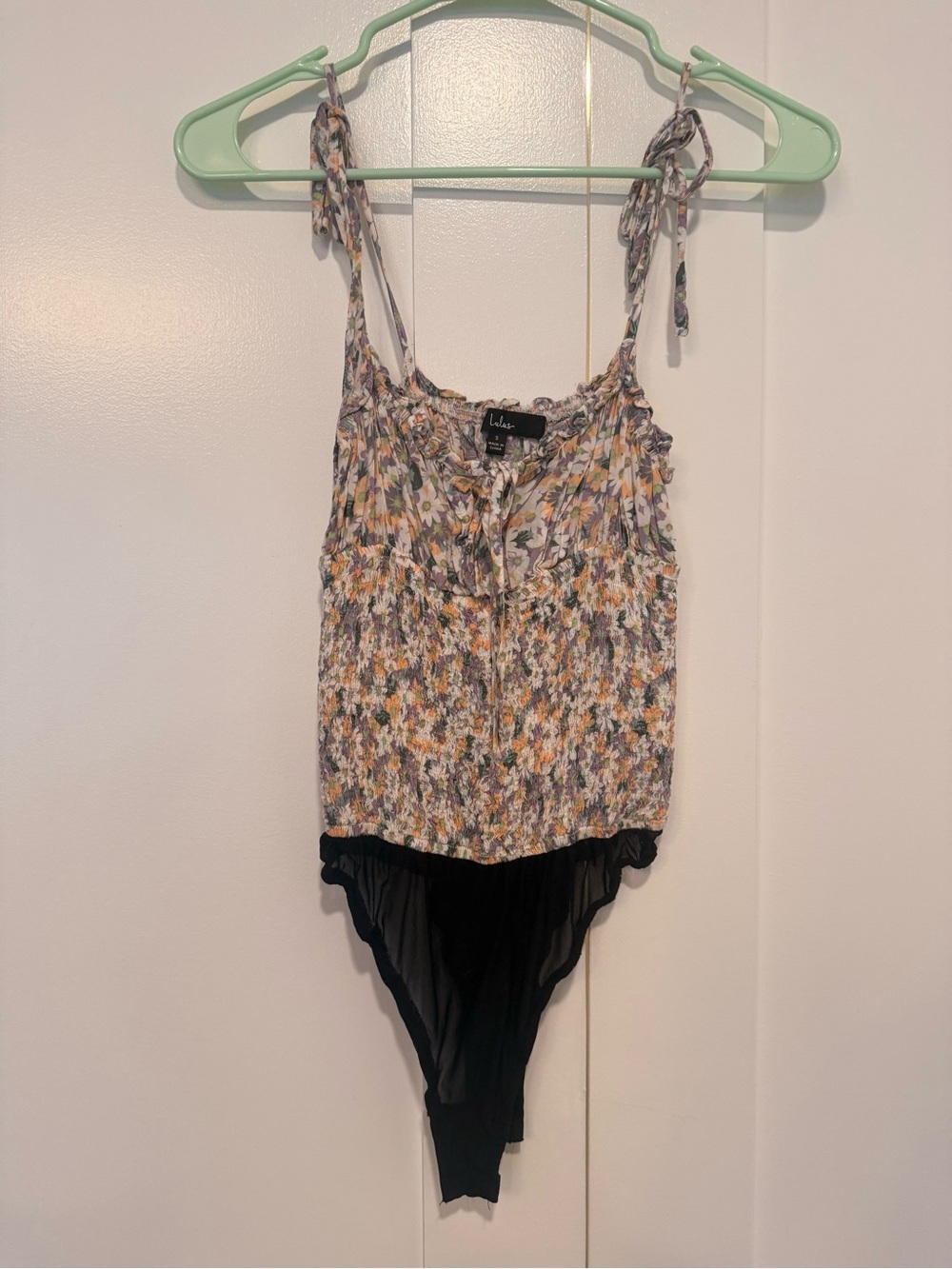 Lulu's Floral Tie-Shoulder Bodysuit in Multi-Color and Black